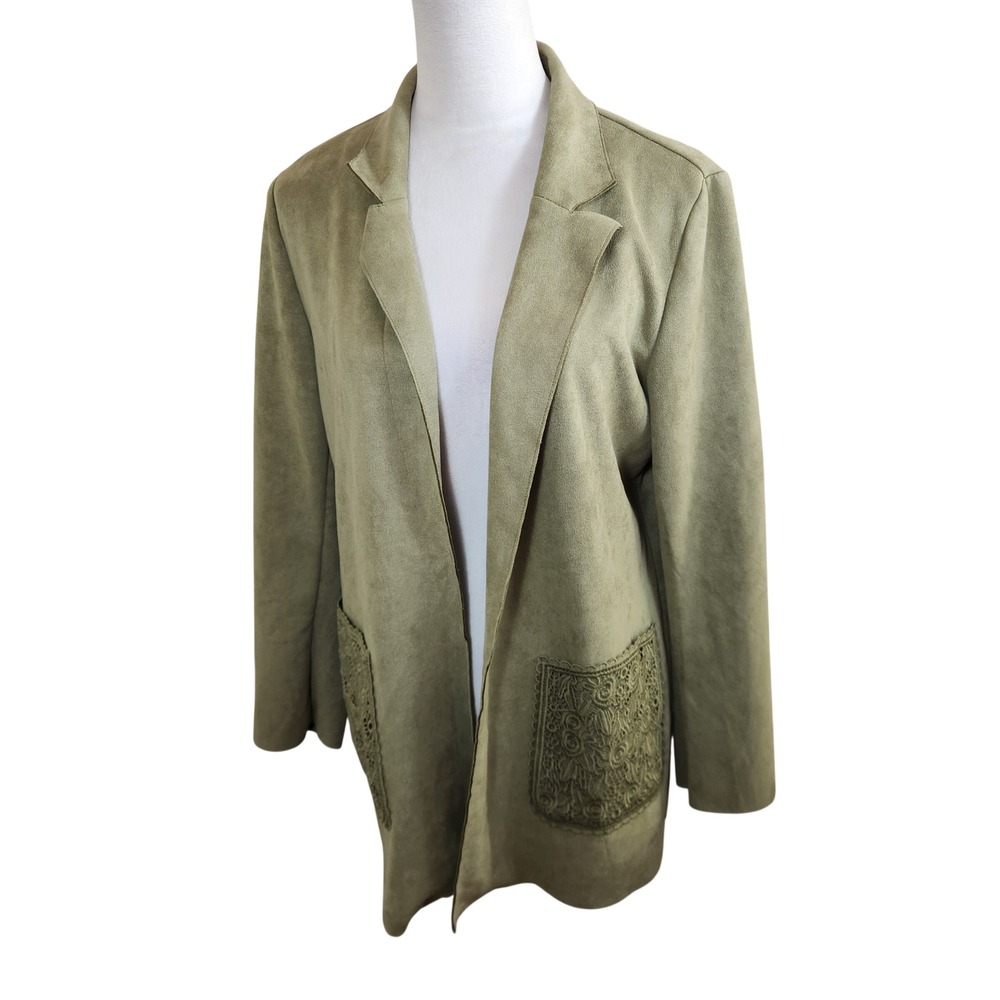 Solitaire Anthropologie Olive Green Faux Suede Lace Pocket Blazer Jacket Medium